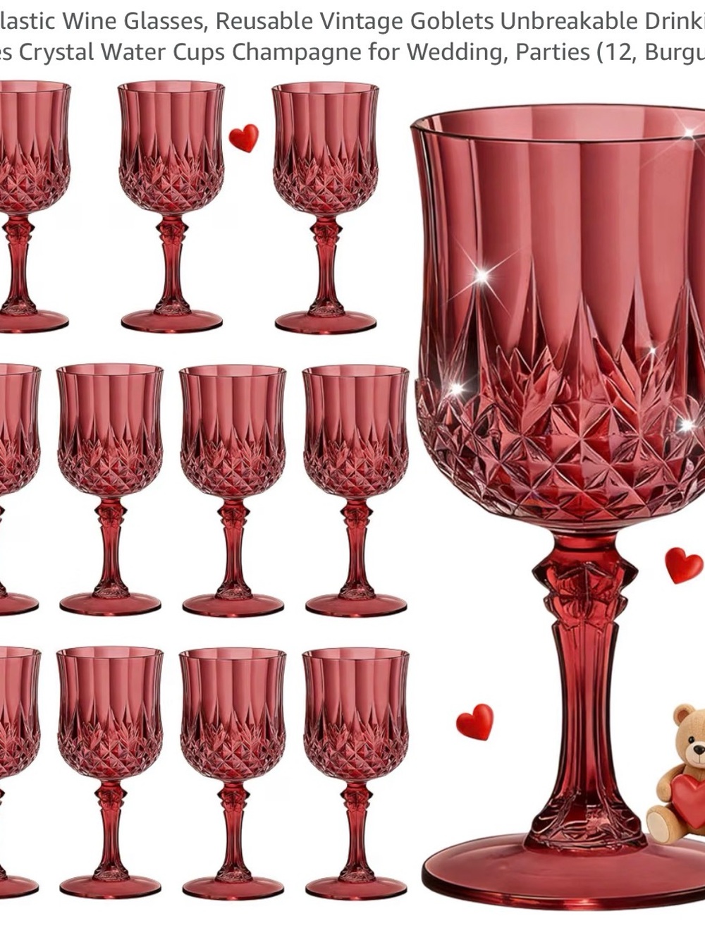 Vintage-Style Red Crystal Goblet Wine Glasses - Set of 12
